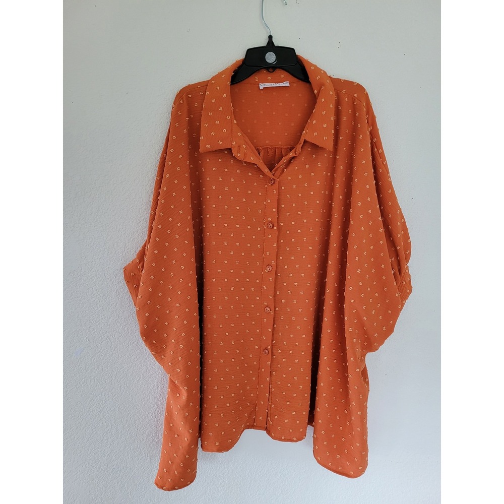Nellie Mae Rust Orange Swiss Dot Button Blouse Oversized L/XL Dolman Sleeve #22